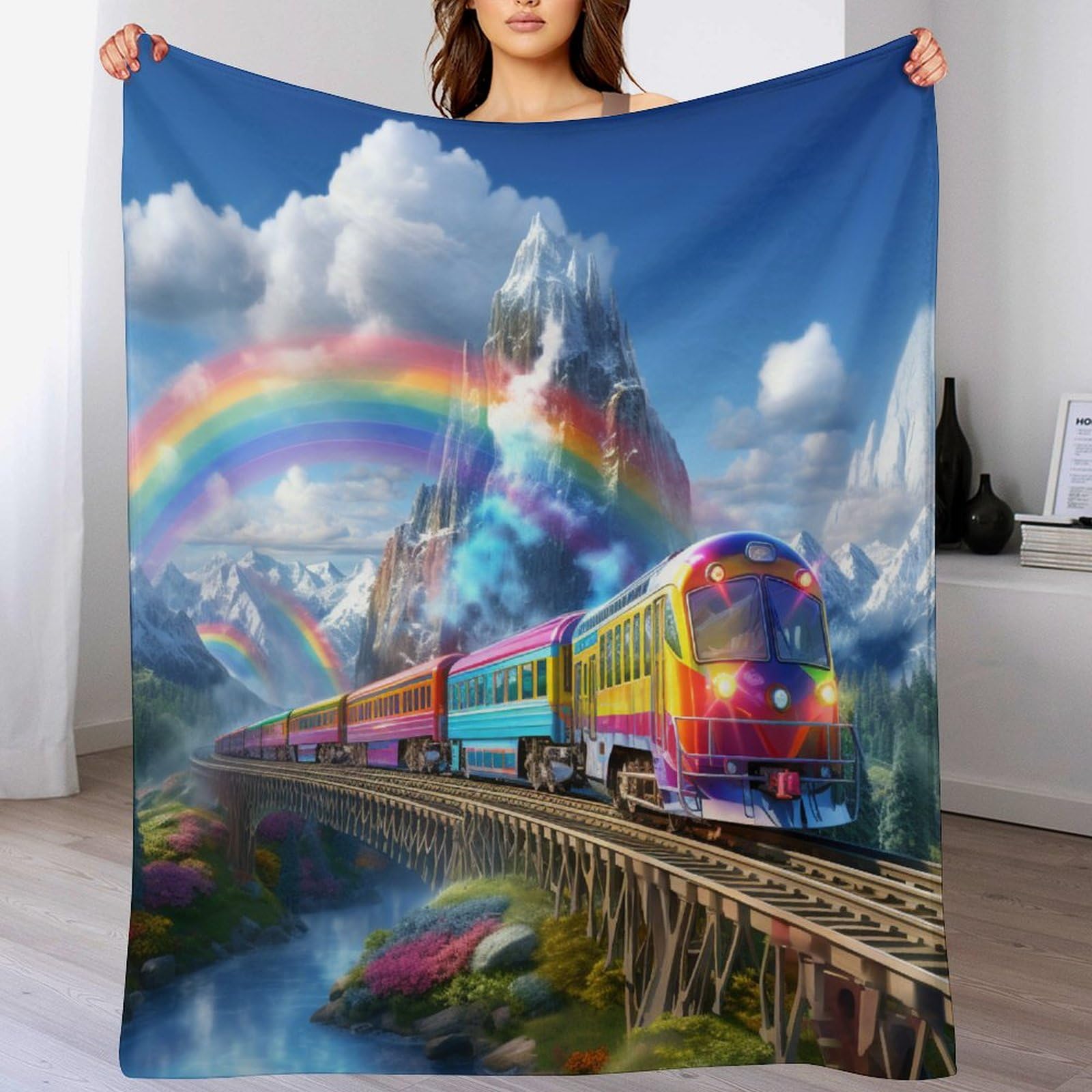 Couverture flanelle haut de gamme motif train arc-en-ciel pour lit