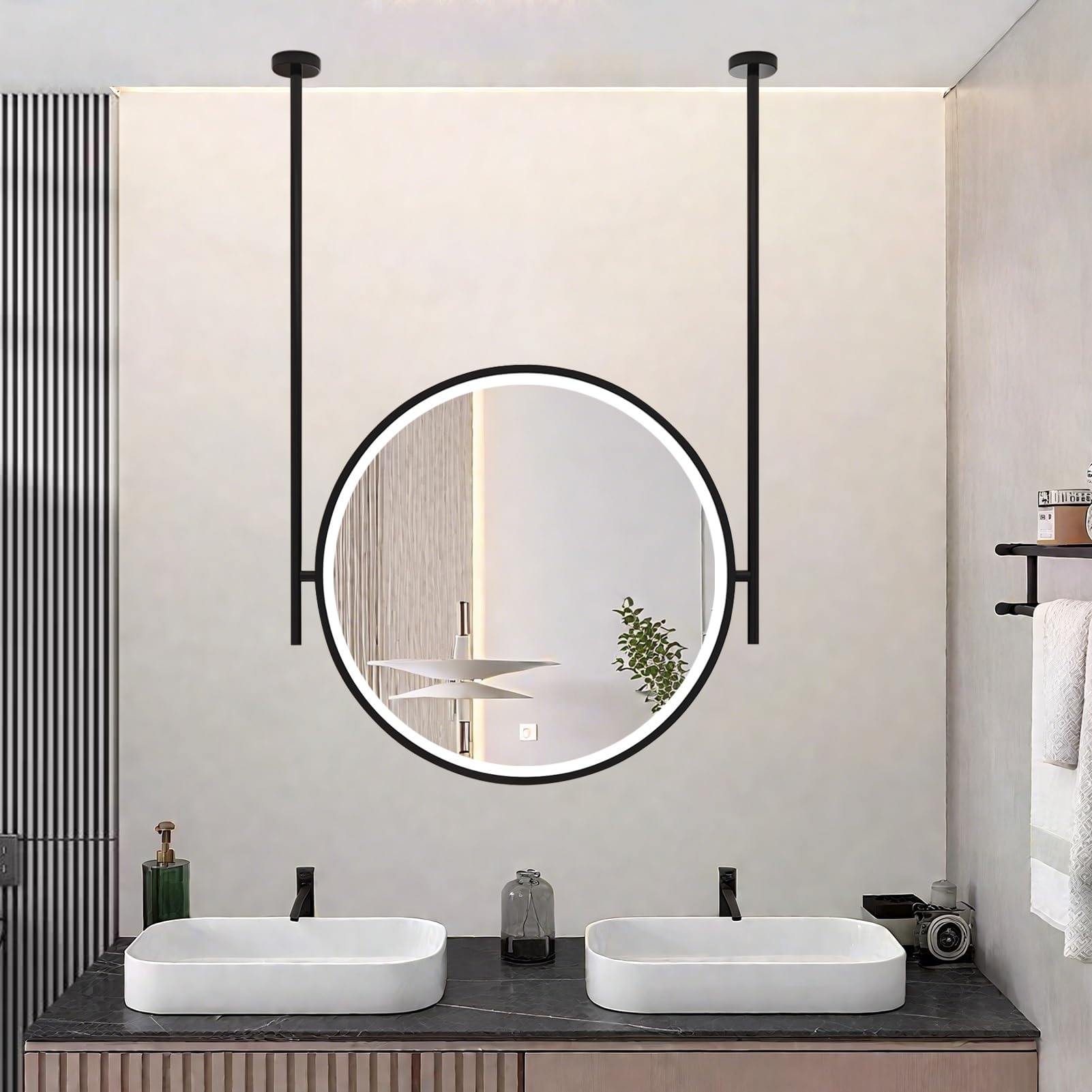 FGXHHS Bathroom Wall Mirror with LED Light and Metal Frame, Black Round Vanity Make-up Mirrors Ceiling Mounted Hanging - Customizable Boom(Diameter-70CM/27.6INCH)