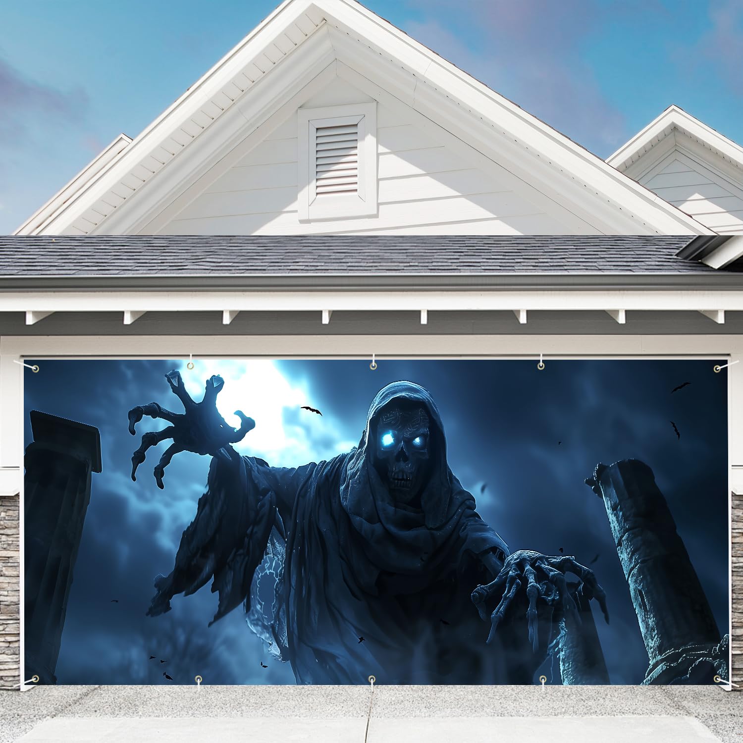 7 x 16 ft Halloween Garage Door Decorations Halloween decorations Witch Door Cover, Hanging Banner, Cauldron Backdrop Mural for Home, Outdoor, Indoor, Spooky Party, Wall, Window (Reaper, 7 x 16 ft)