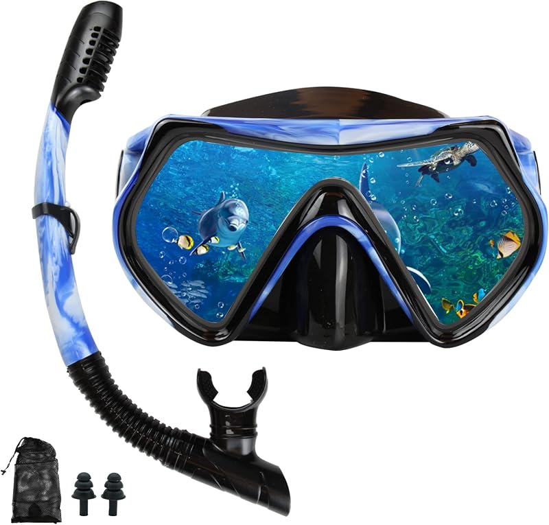 Equipo de esnórquel para adultos, juego de máscara de esnórquel seco, juego de máscara de esnórquel para buceo para adultos, máscara de buceo antivaho con vista panorámica panorámica, paquetes de esnórquel para natación y buceo