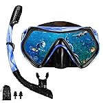 Snorkel mask Snorkeling Set for Adults and Youth, Diving mask and Full Dry Snorkel Swim Googles is Suitable for Snorkeling, Dive Scuba Diving, Swimming (Blue and White-Black)