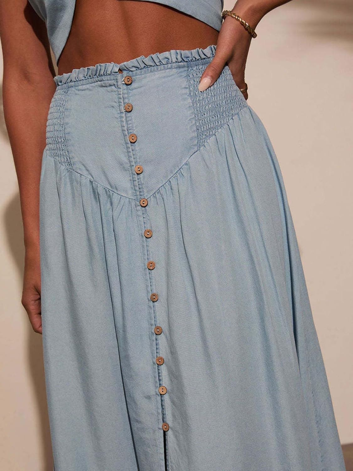 CHARTOU Womens Smocked High Waisted Button Fly Maxi Jean Skirts Lightweight Denim Flowy Long Skirt with Slit