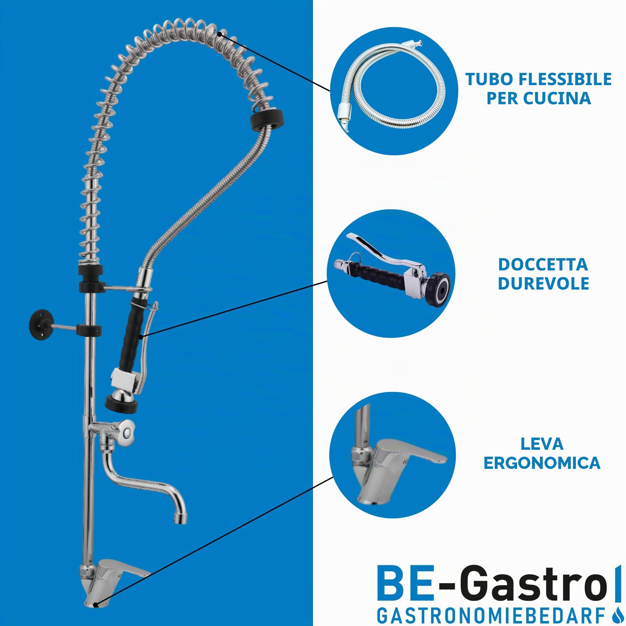 BE-GASTRO | Rubinetto professionale set di prelavaggio stoviglie per cucine di ristoranti Gruppo doccia con miscelatore monoforo, monocomando multigiro e Rubinetteria