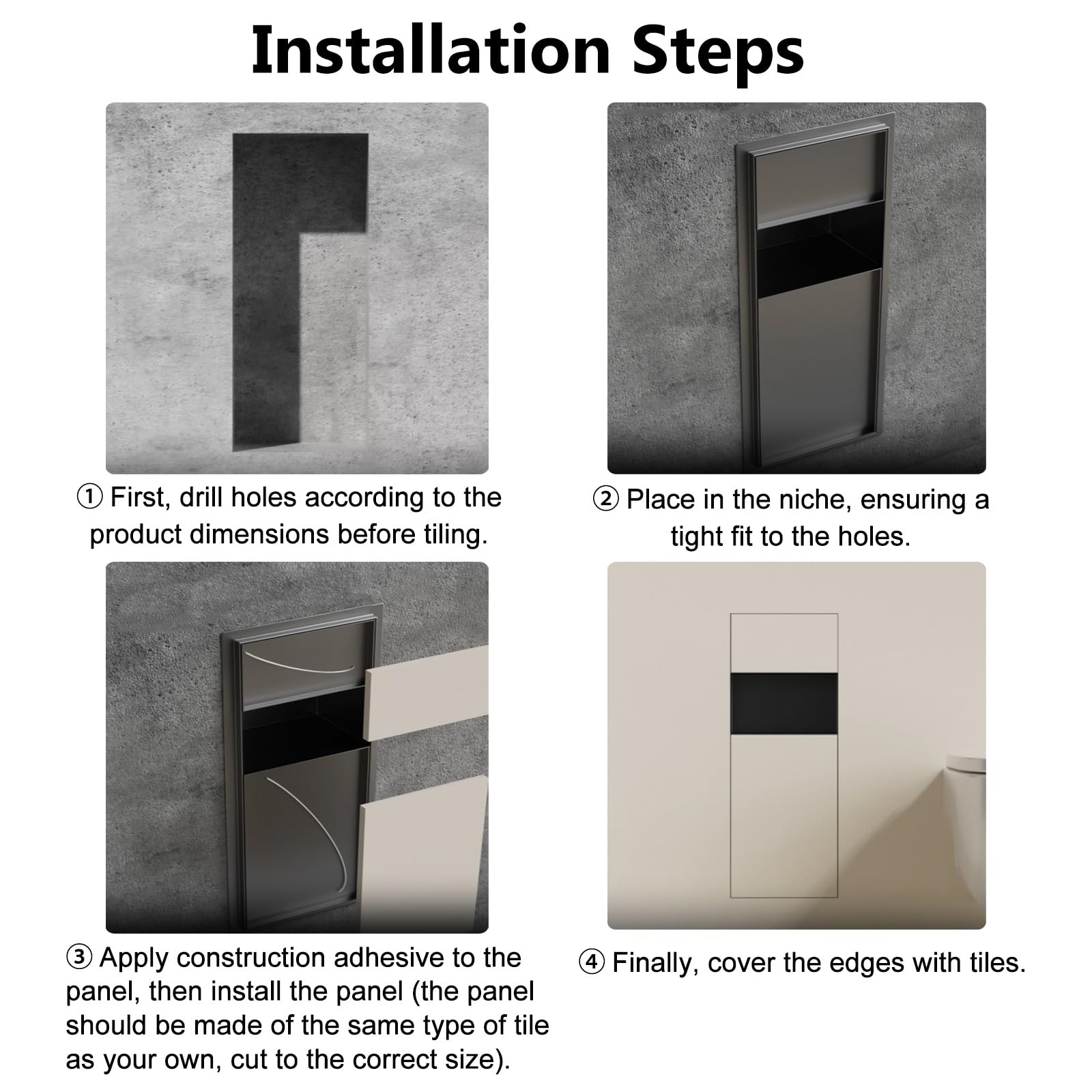 Nicho de pared para baño, cubo de basura oculto 4 en 1 y estante de almacenamiento de caja de pañuelos, gabinete dispensador de papel higiénico empotrado, ahorro de espacio