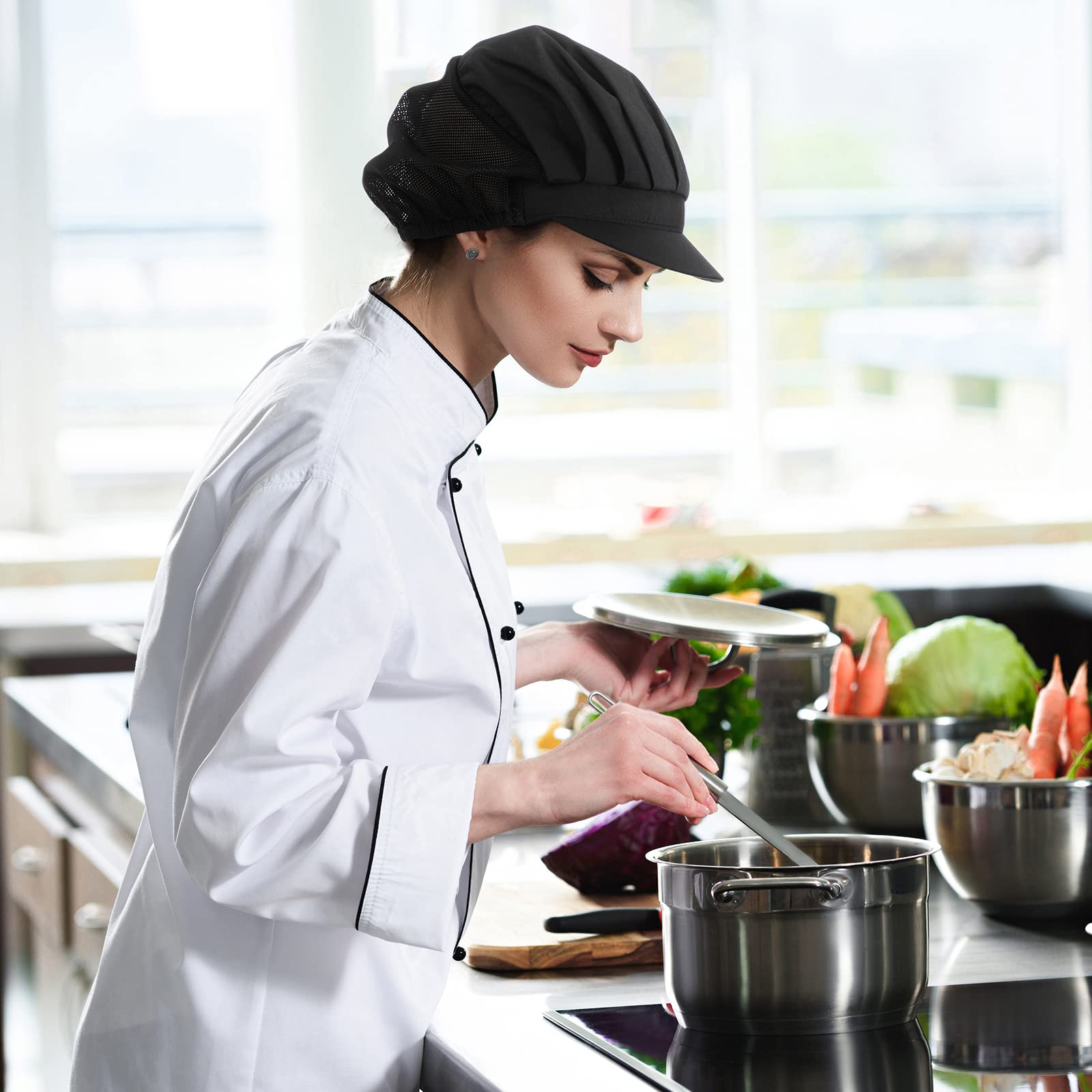 Hicarer 16 Pcs Chef Hats for Women Hair Nets Kitchen Cooking Chef Cap Adjustable Elastic Work Cap for Women Adult, Black