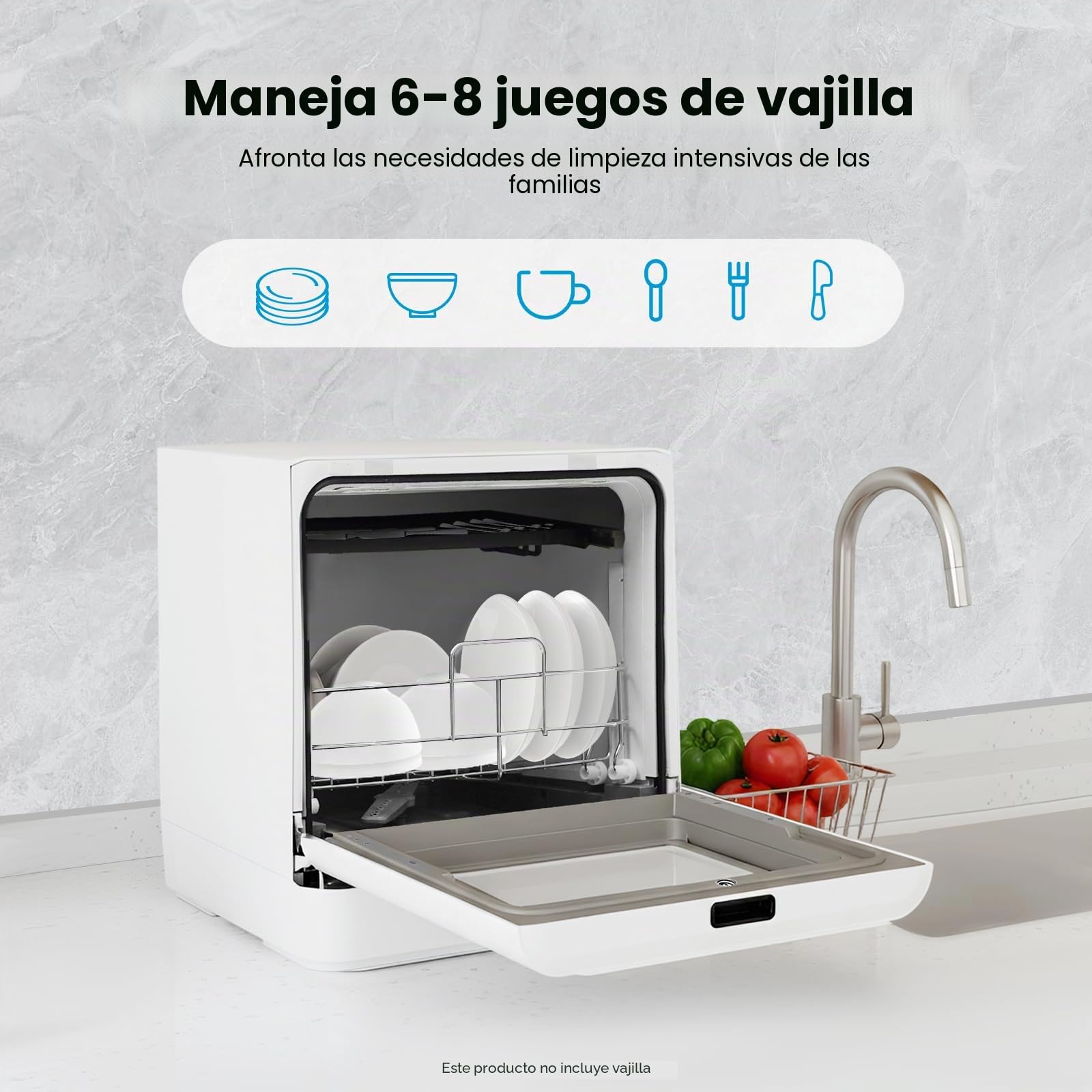 Lavavajillas compacto de mesa, 800 W, 6 L, mini lavavajillas con 6 cubiertas, 4 programas, 72 °C de alta temperatura, pantalla LED y control táctil para apartamento
