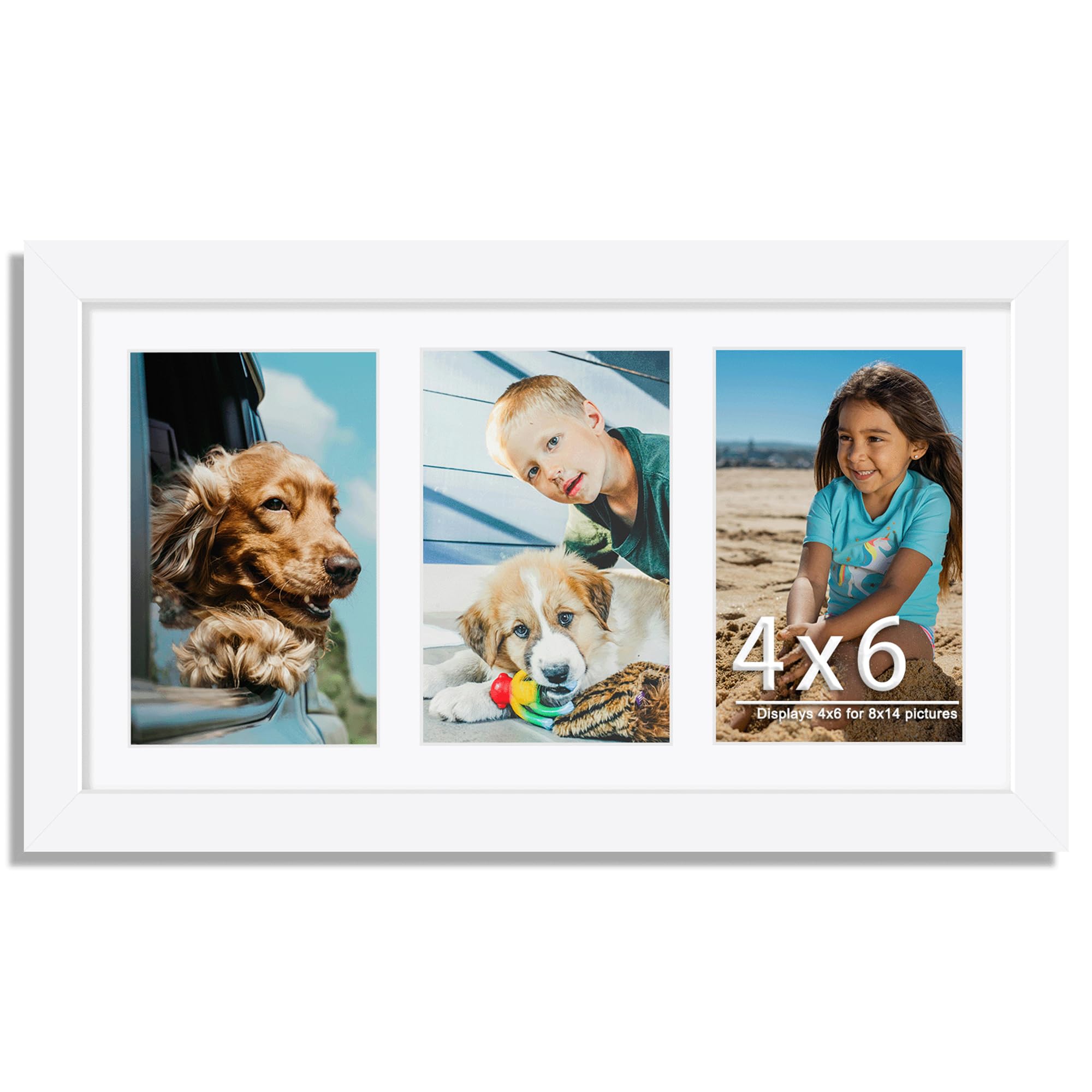 DUENPY 8x14 Collage Picture Frame 4x6 Collage Picture Frame Displays Three 4x6 inch Photos or 8x14 (Without Mat) for Available Horizontal Wall Mounting Display and Vertical White