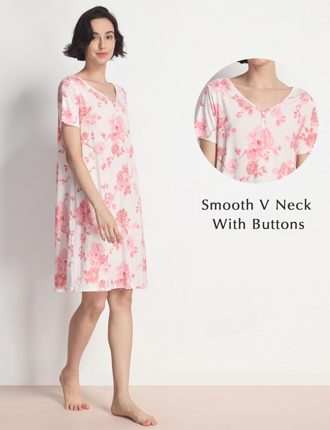 GYS Women's Nightgowns Bamboo Viscose Soft Comfy Short Sleeve V Neck Sleep Dress - Image 4