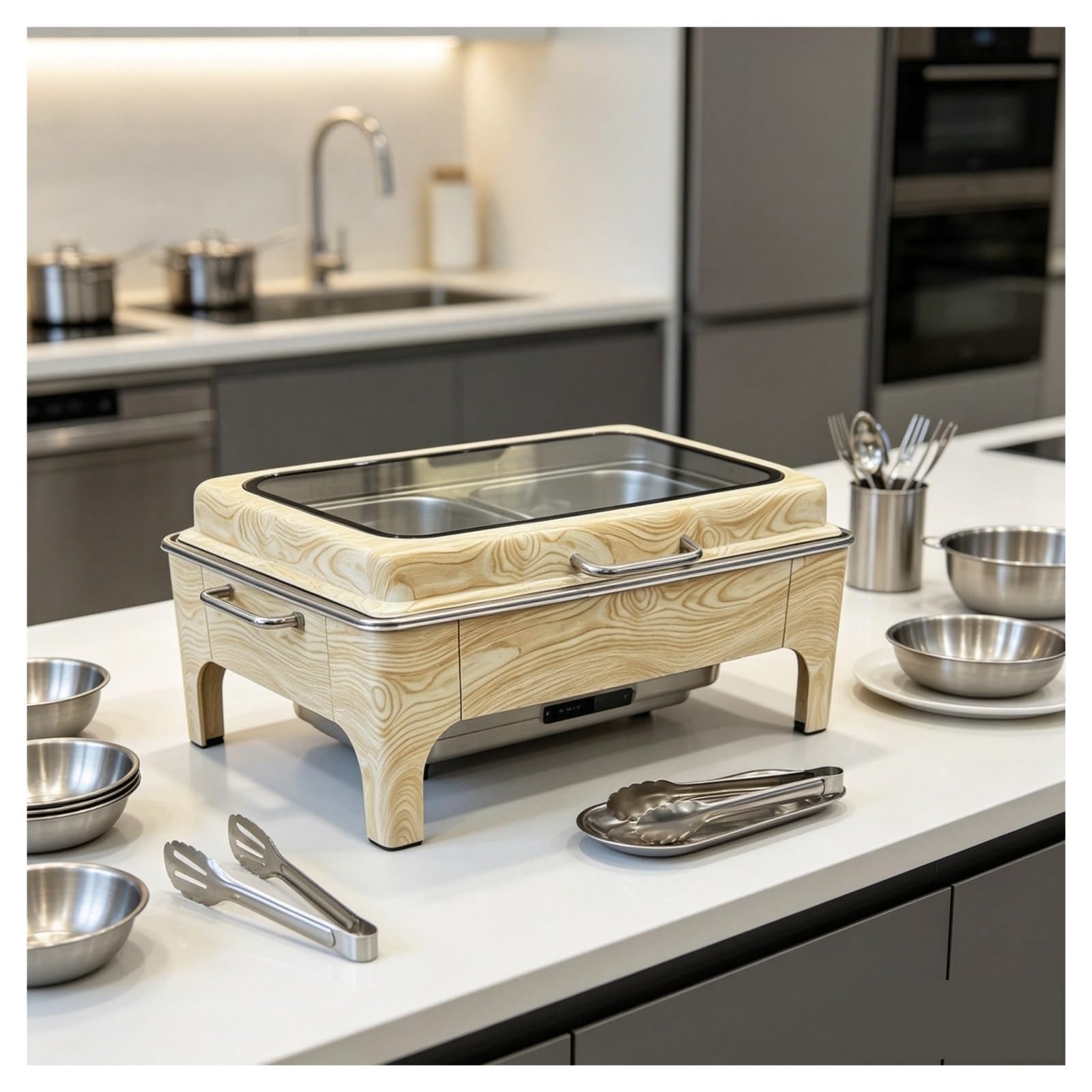 Servidor de buffet rectangular con plato de abejorro de grano de madera