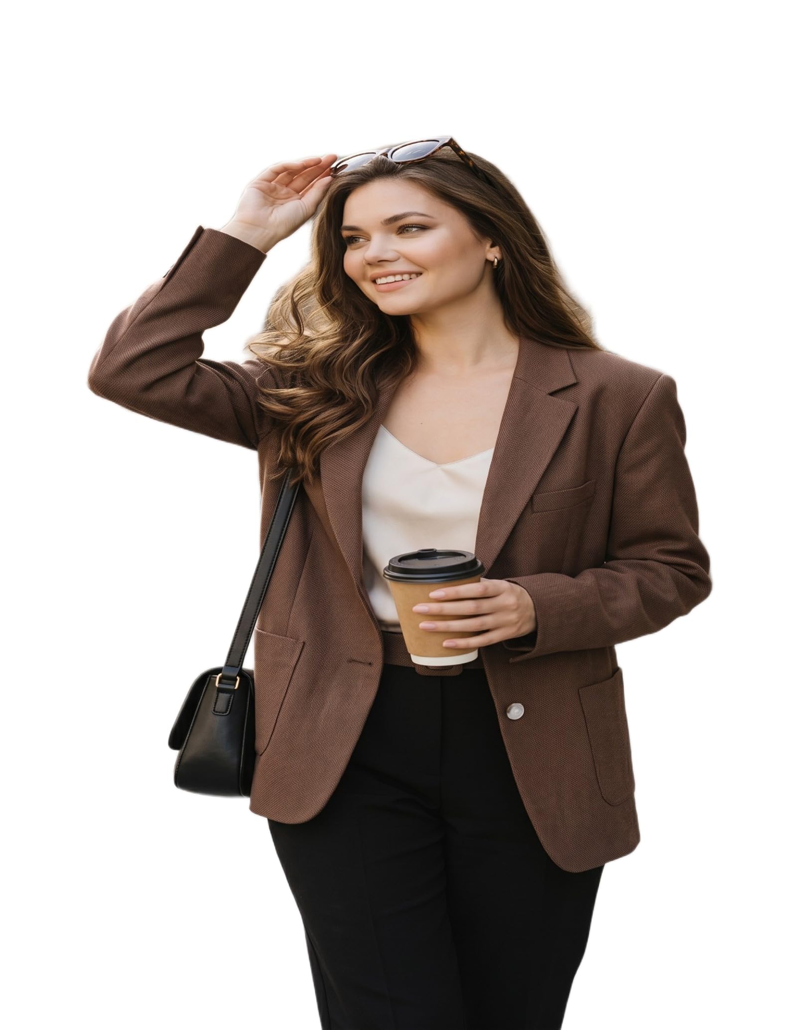 Women's Curvy Fit Brown Blazer Coat – Tailored One-Button Suit Jacket with Front Pockets, Office & Casual Wear-image-10