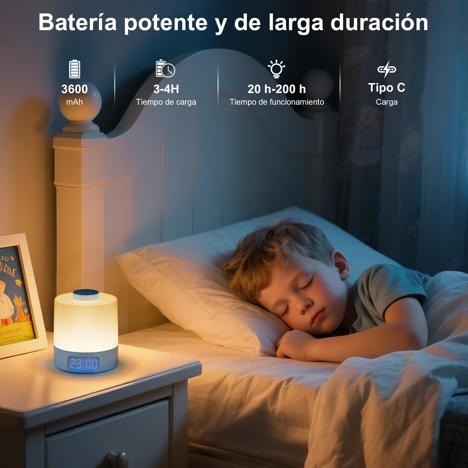 WOBANE Lámpara de Mesita de Noche sin Cable, Regulable Luz Nocturna Recargable USB con Reloj, 3600 mAh Lámpara de Bebé para Dormitorio, Mesa, Salón, Oficina, 3 Temperaturas de Color