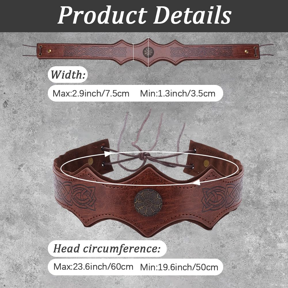 CALFOVERA Medieval Embossed PU Leather Headpiece Brown Vintage Retro Heamband Headpiece Adjustable Renaissance Viking Leather Head Hair Band Headdress Helmet for Cosplay Halloween Costume Accessories - Image 2