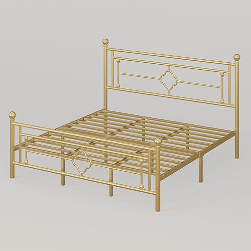 Miniatura 69 de HOOMIC Base de cama de plataforma metálica de tamaño individual de 14 pulgadas con estilo victoriano vintage, cabecera y estribo de hierro