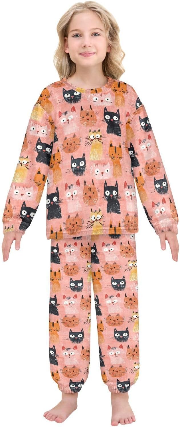 Cartoon Cat Plush Pajama Sets Soft Flannel Fleece Sleepwear