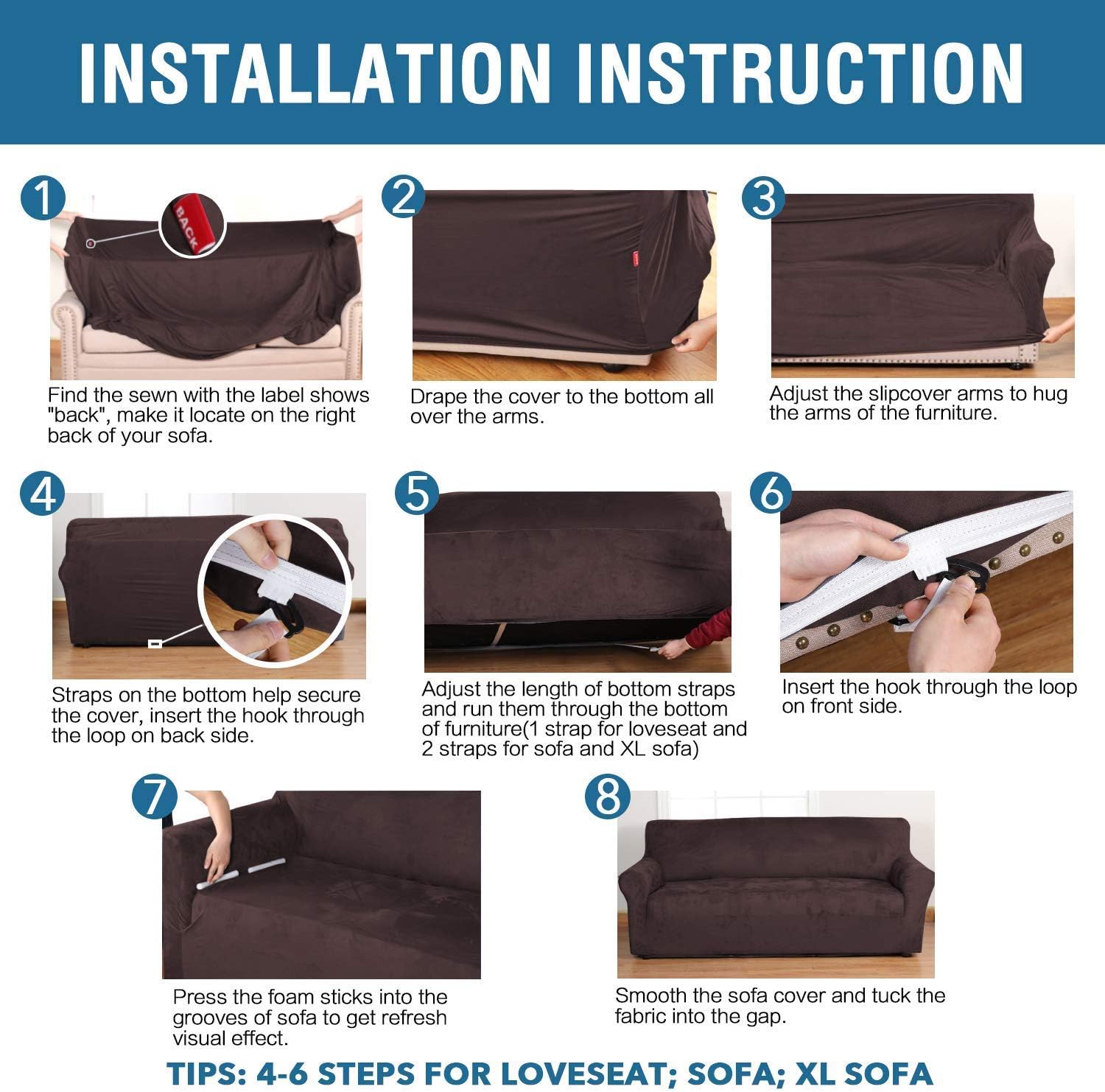 Velvet Stretch Sofa Cover Couch Covers Sofa Covers for 3 Cushion Couch (72"-96", Chocolate) Bundle Sofa Cover Loveseat Velvet Stretch Sofa Covers for 2 Cushion Couch (Chair 58"-72", Chocolate）