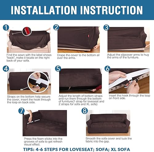 Miniatura 7 de Funda elástica de terciopelo para sofá, fundas de sofá para sofá de 3 cojines (72-96 pulgadas, chocolate), funda para sofá biplaza, fundas elásticas
