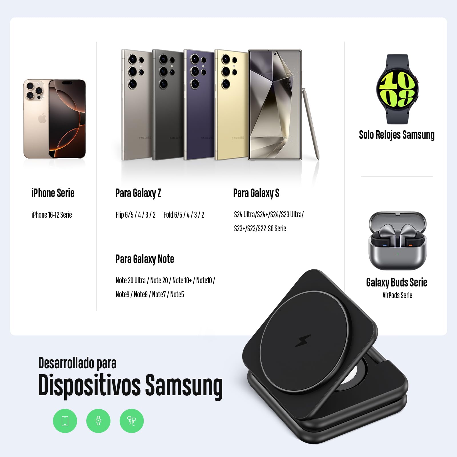 KU XIU 3 en 1 Magnética Cargador Inalámbrico para Samsung | Estación de Carga Plegable para Galaxy S26 S25 Ultra, Base de Carga para Galaxy Watch Ultra/7/6/5/4,para Galaxy Buds