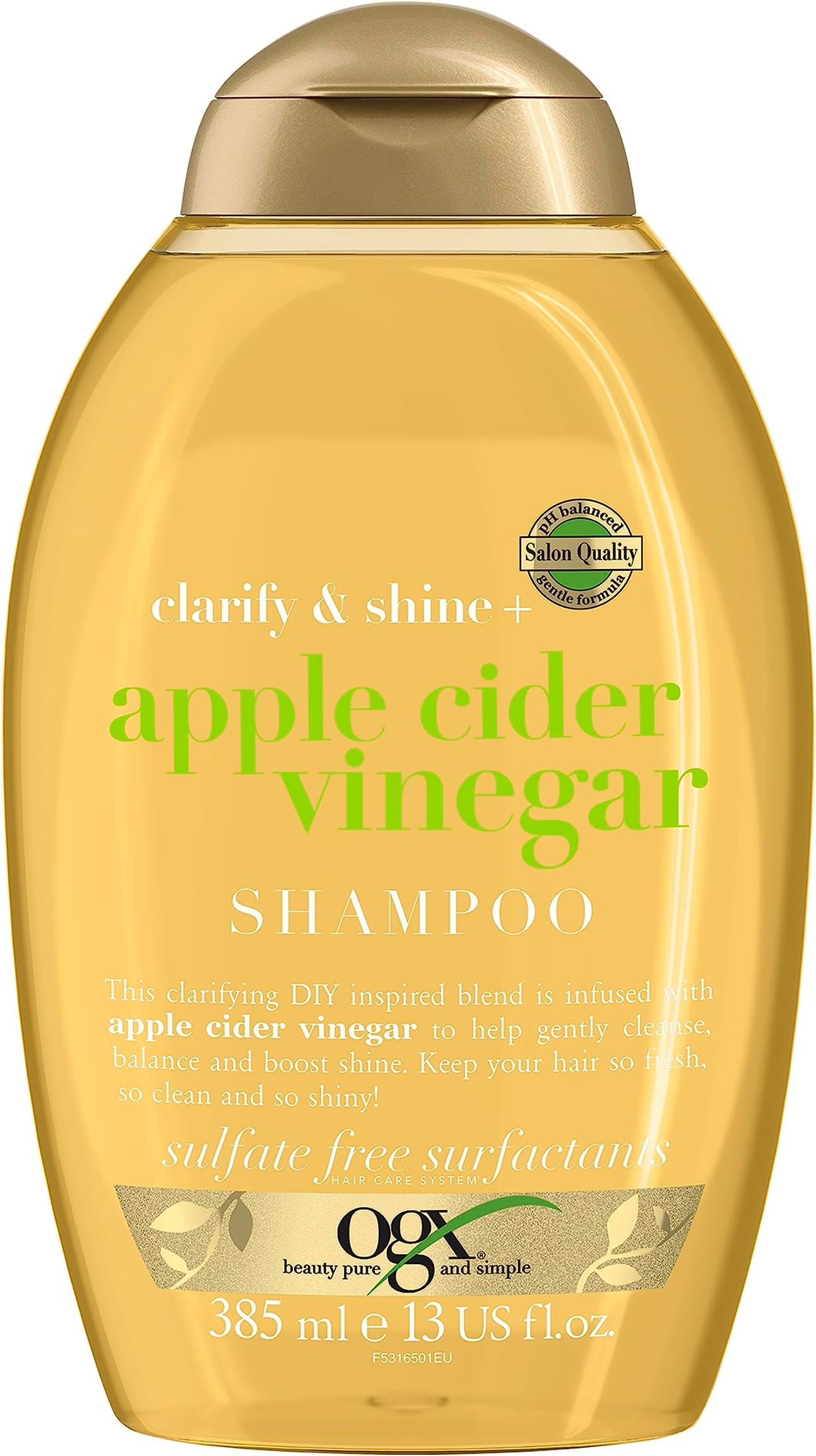 OGX Clarify & Shine with Apple Cider Vinegar Shampoo, Cleanses, Balances and Boosts Shine, Keeps Hair Fresh, Clean and Shiny, Sulfate Free, 385ml