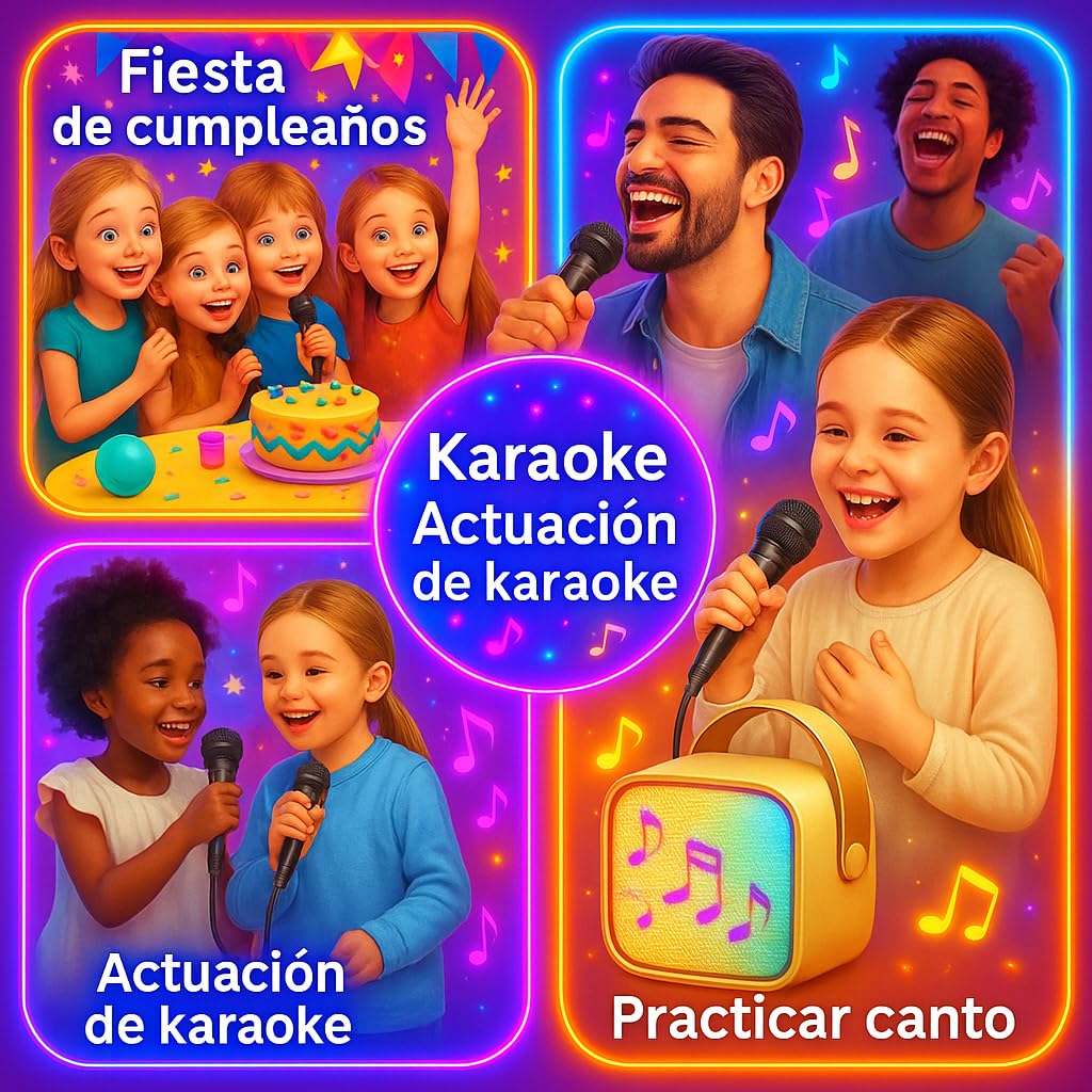 Karaoke con 2 micrófono inalámbricos. Mini Karaoke Infantil para niños. Bluetooth portátil con Altavoz y Luces LED y Efectos de Voz. Regalo para niños y Adultos