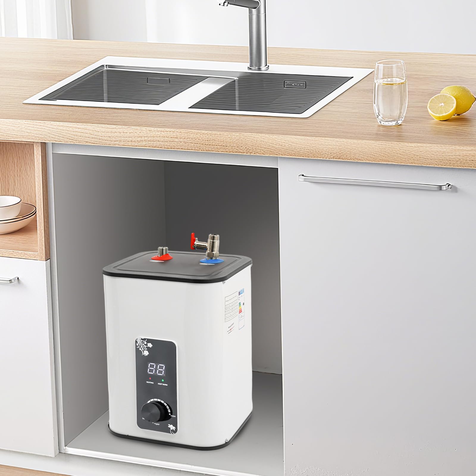 8L Warmwasserspeicher, Untertisch Boiler 1500 W Mini Elektro Warmwasserbereiter, Untertischgerät, Küchen Warmwasserbereiter, 0–65 °C Temperatureinstellung mit LED-Display für Küche Bad