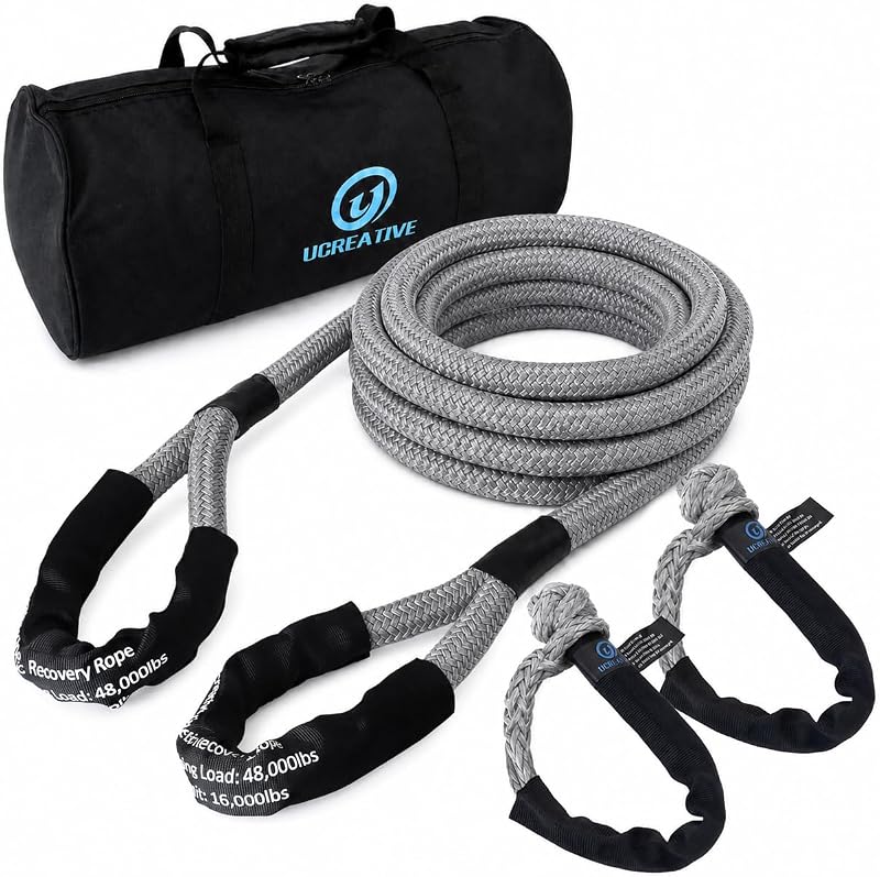 Ucreative 1" x 30' Kinetic Rope & 2PCS Synthetic Soft Shackles Kit Gray | Max 48,000 lbs Breaking Strength, Off-Road Recovery for 4WD Truck SUV