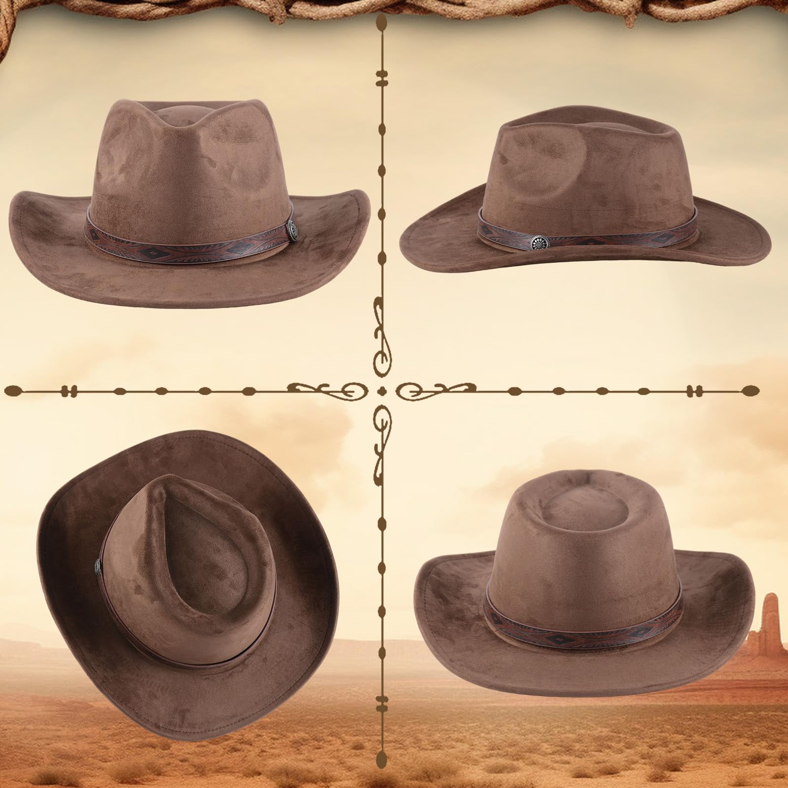 Chapeau Western en Daim Denim Unisexe, Chapeau de Cowboy à Large Bord, idéal pour la décoration DIY (Marron)