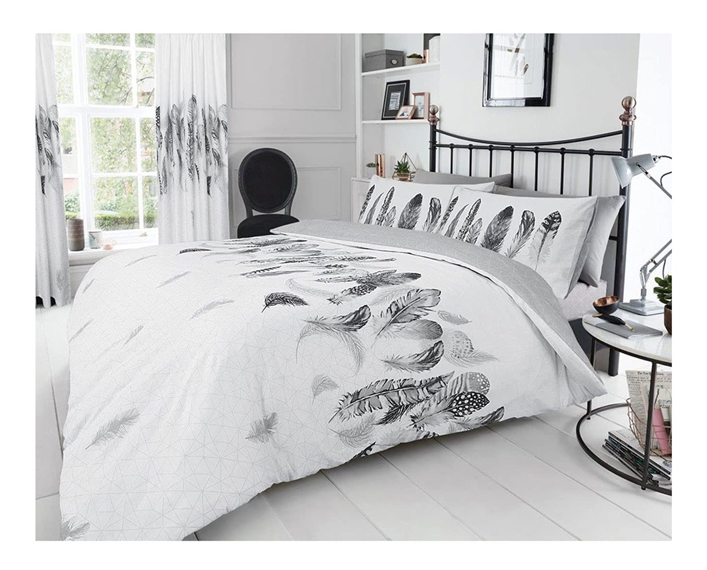 FAIRWAYUK FAIRWAUK Feathers Bedding Bed Set - Single Duvet Cover with Matching Pillowcase, Ultra Soft Reversible Easy Care Quilt Covers, Poly Cotton, White 137x200cm
