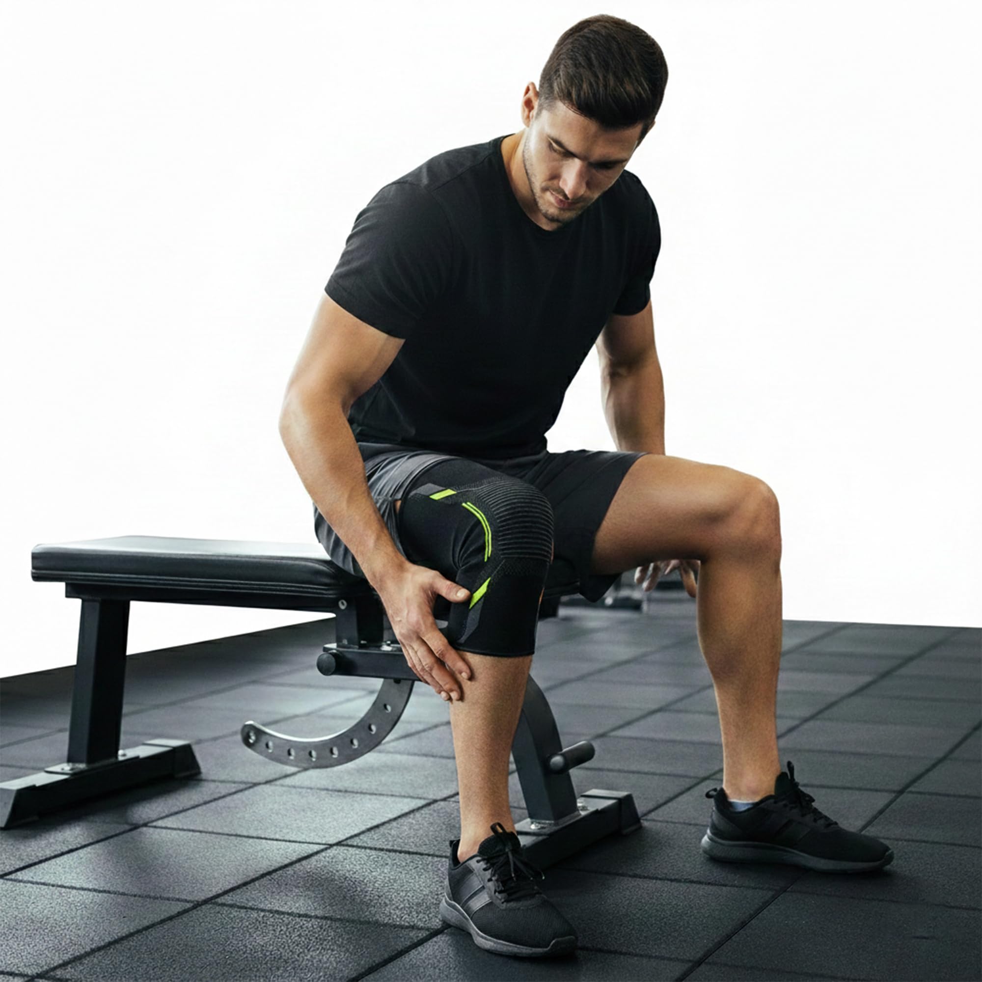 Knee Compression Sleeve Support | Men Women Gym Running Squats Cycling | Breathable Elastic Fit | Exercise Sports Training | Comfort Stability Active Daily Movement | Black with Neon Green | Medium Size-image-46
