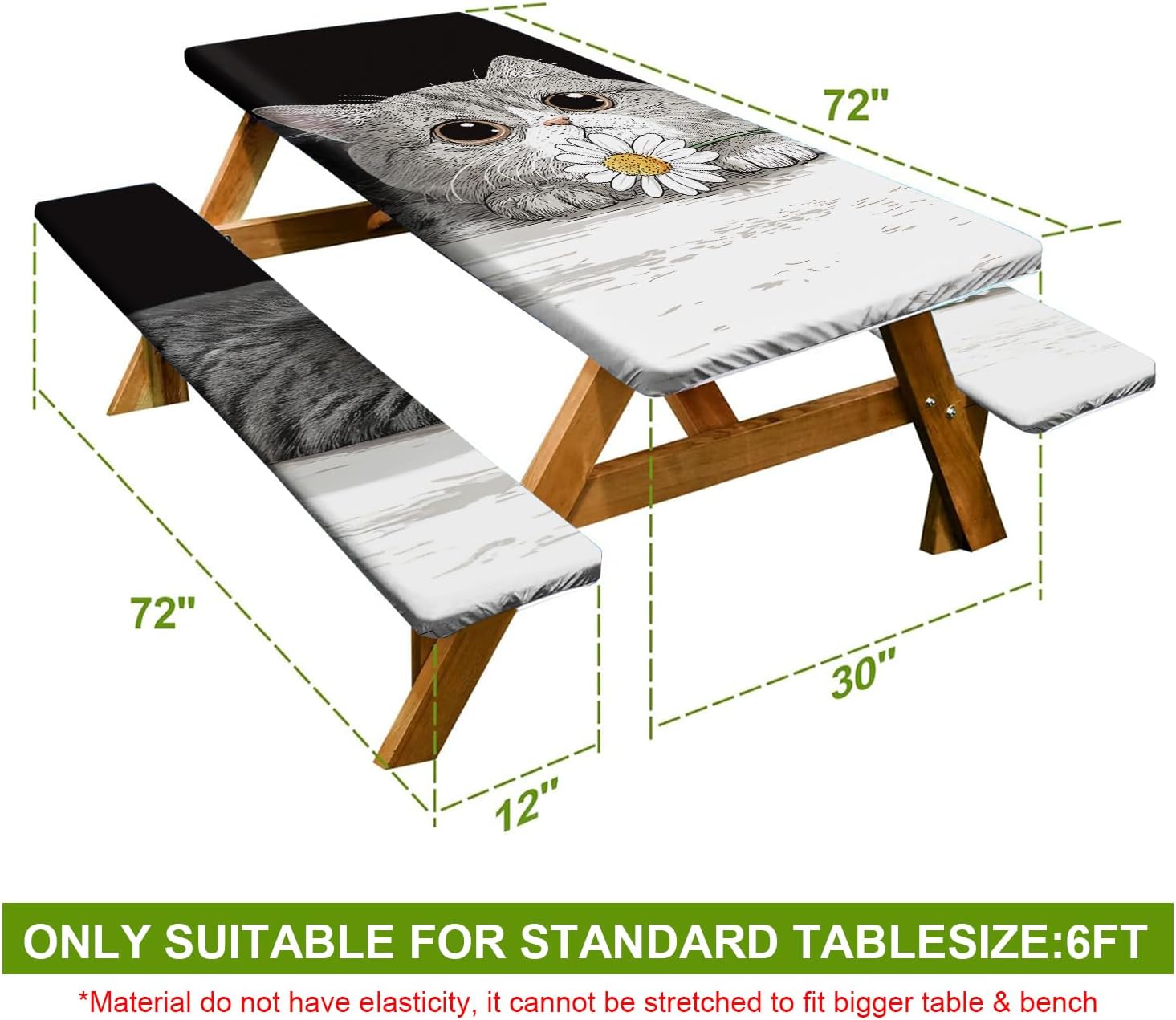 3-Piece Picnic Table Cover Set with Bench Covers,Elastic Fitted Camping Tablecloths for 6Ft Rectangular Tables,Snowman Winter Tablecloth Cover (Cat, 72in)