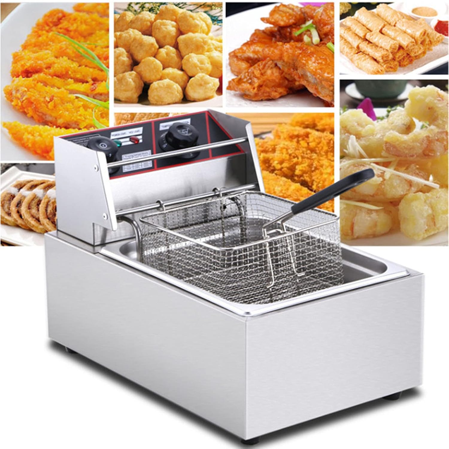 2500W Commercial Electric Fryer Easy Clean 5.5L Fryer with Timer and Temperature Control Universal Large Single Cylinder Stainless Steel Fryer with Basket