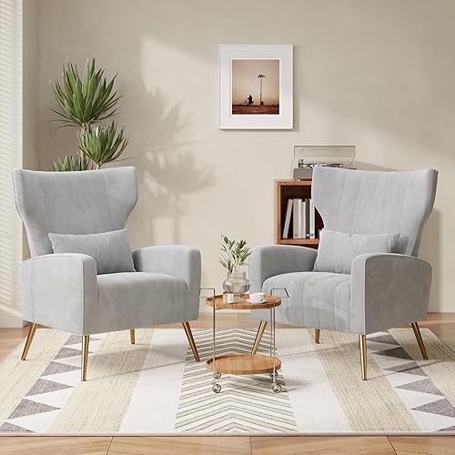 Juego de 2 Sillas de Acento de Terciopelo Wingback para Sala de Estar, Silla de Brazos de Respaldo Alto con Patas Doradas y Almohada Lumbar, Sofá
