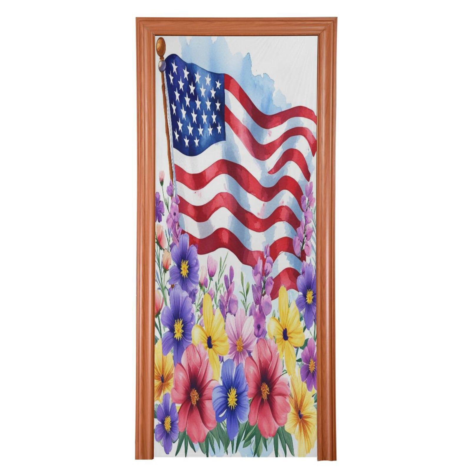FLildon American Flag and Independence Flowers Door Cover Decoration, 4th of July Party Accessory Porch Decor for Festive Ornament Room Door Covers 32 x 79 Inch