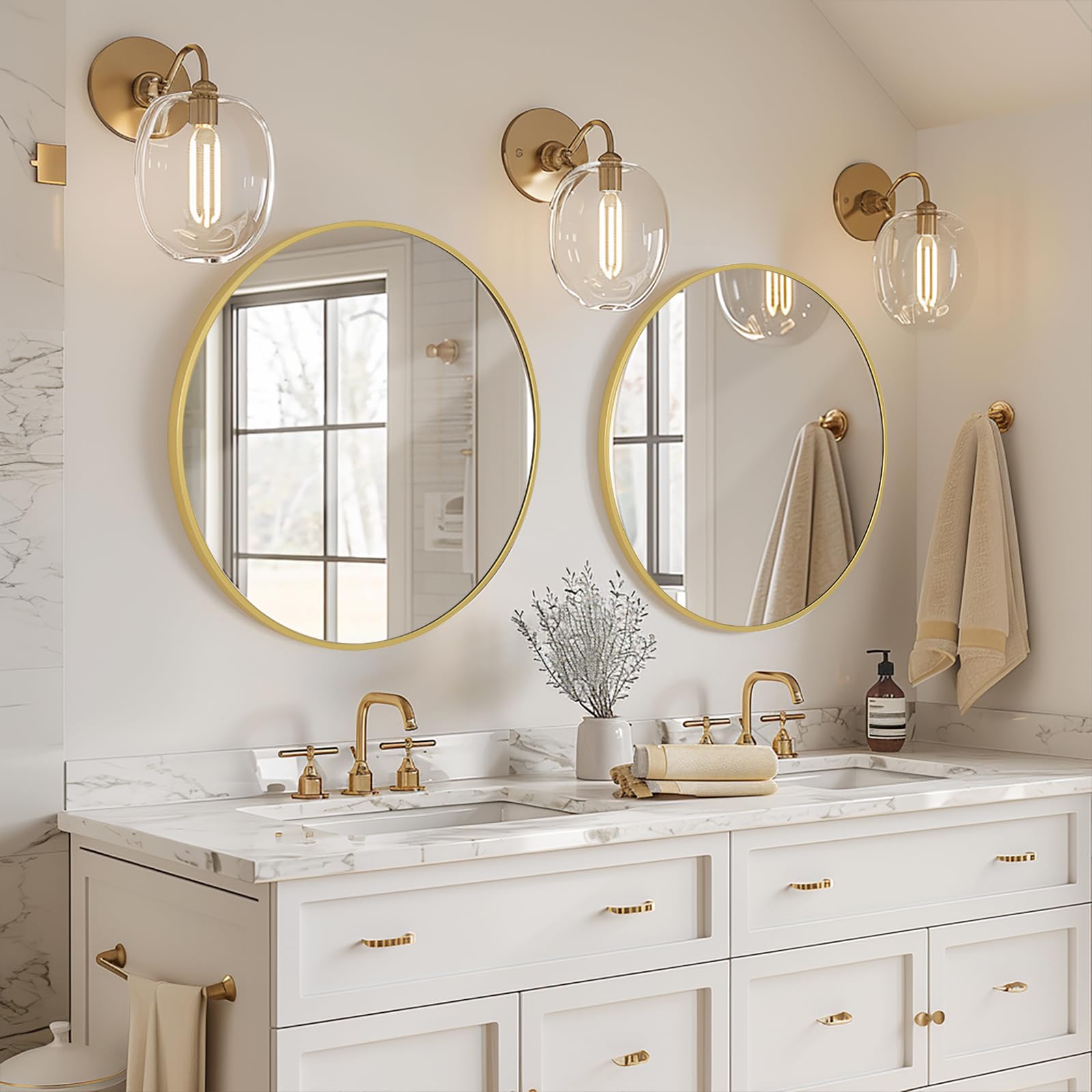 Melodieux 2 Pcs Round Wall Mirror 80cm Gold Circle Home Decorative Hanging Wall Mounted Vanity Mirror for Bathroom Hallway Bedroom Living Room