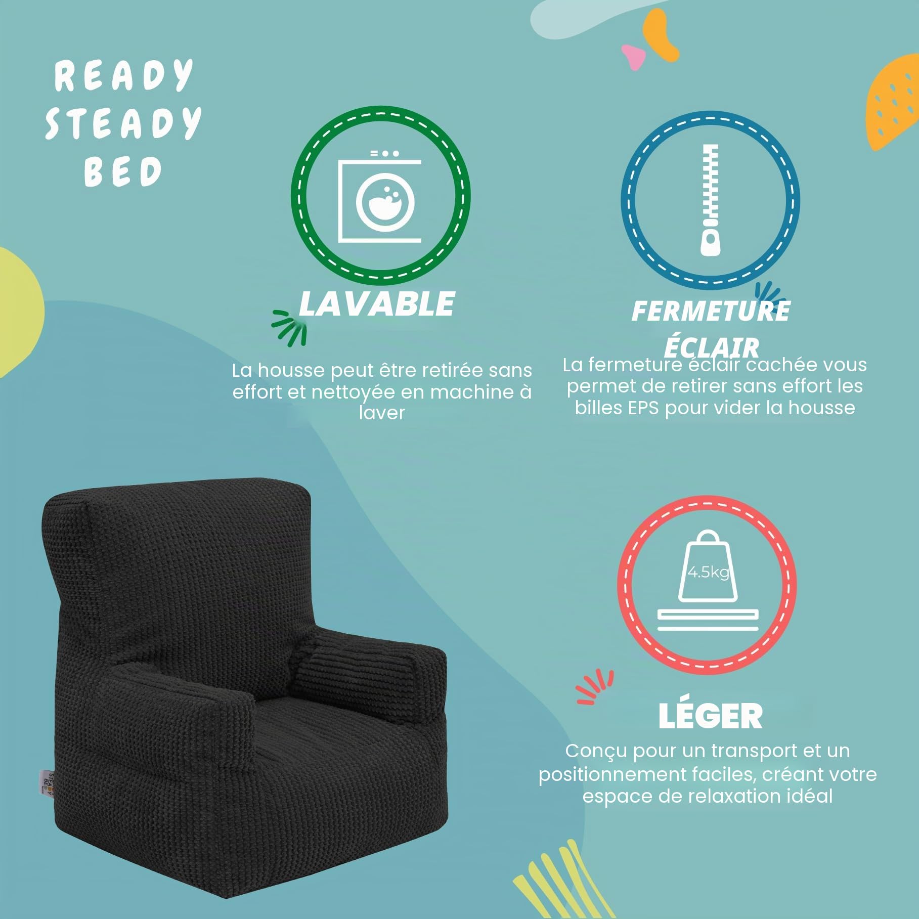 Ready Steady Bed Fauteuil pour enfant et tout-petit | Pouf confortable pour enfants en velours côtelé | Chaise en sac de haricots ergonomiquement conçue | Canapé doux et sûr pour enfants, siège pour