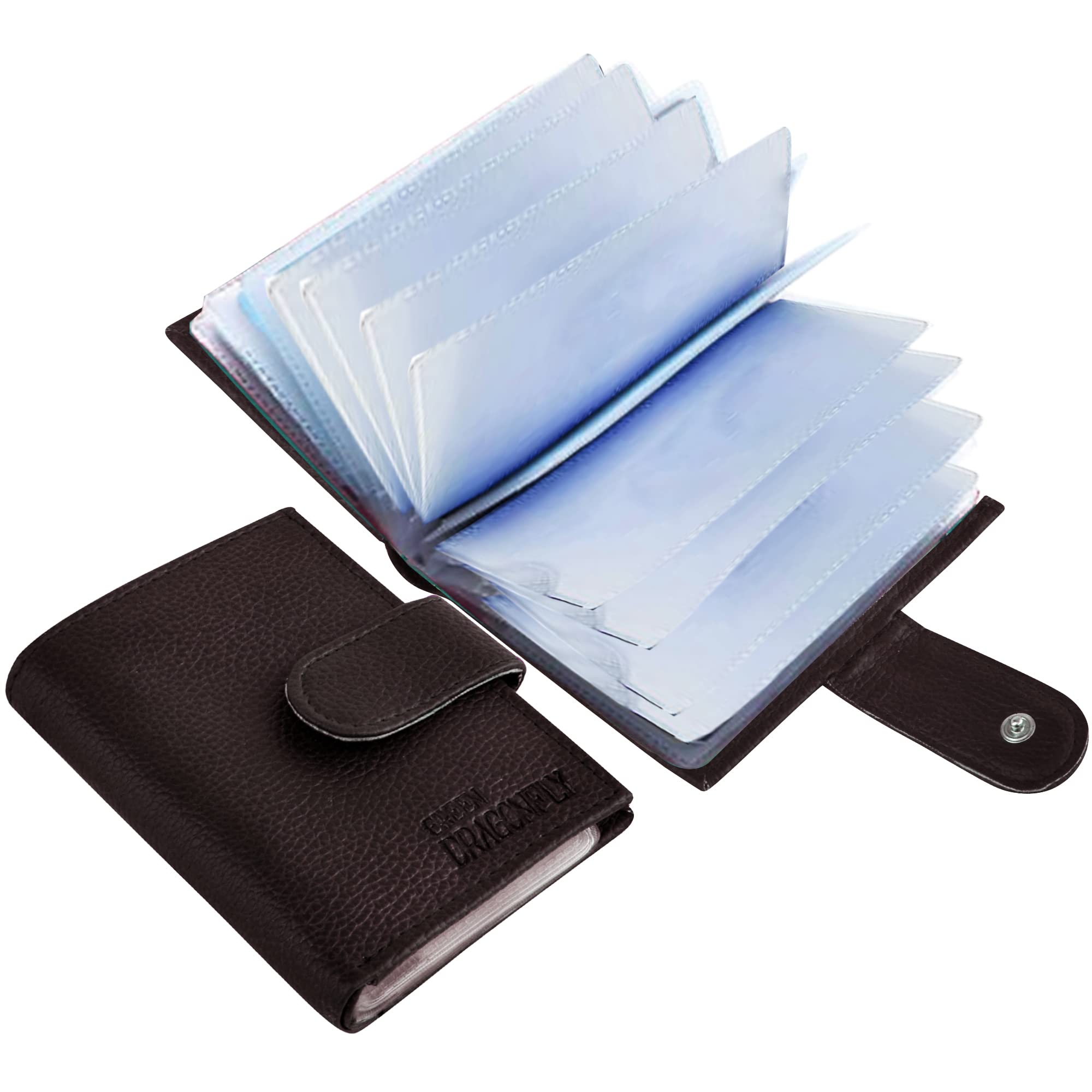 green dragonfly PU Leather Coffee Brown Business Card/Bank Card/ID Card Holder Wallet for Men Women with Button Closure|12 Card Slots-picture-12