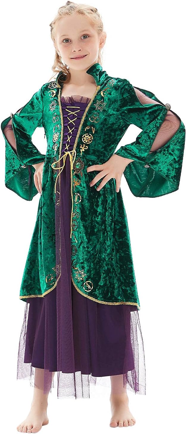 Kids Girls Sarah Sanderson Costume Winifred Sanderson Halloween Witch Cosplay Dress Outfit for Child
