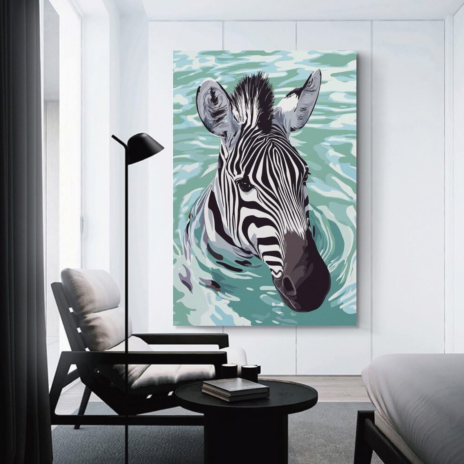 Junmoney Zebra Swimming in Water Illustration Hanging Wall Art, 24x36inch(60x90cm), for Home Walls, Creative Rooms Or Shared Spaces, A Flexible Wall Accent for Shared Spaces