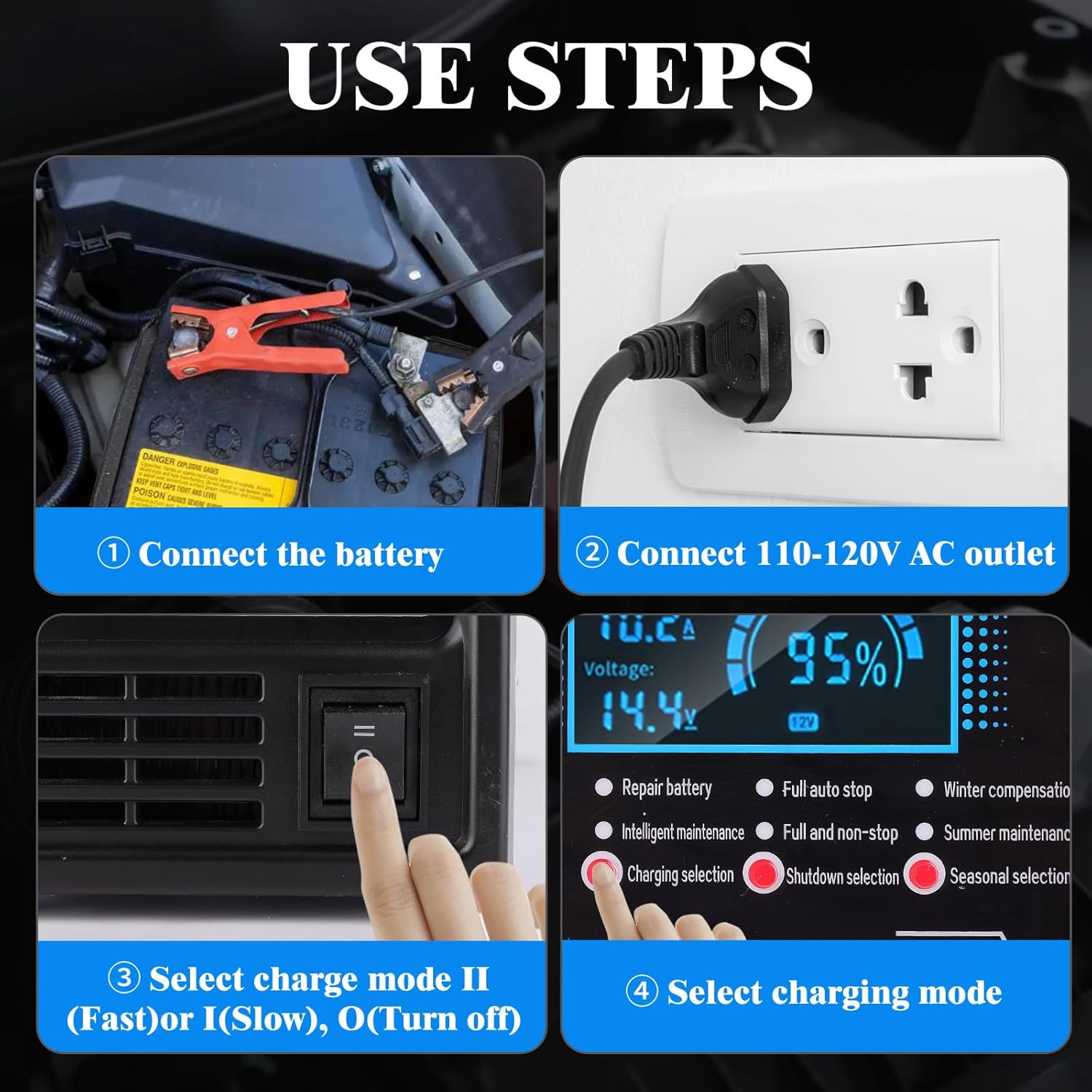 0-15A,12V & 24V Car Battery Charger Heavy Duty and Automatic Maintainer, for Repair,Maintain,Auto shutoff,Winter/Summer Mode,Compatible with Lead-Acid Batteries for Car Truck,Motorcycle, Boat, BLUE