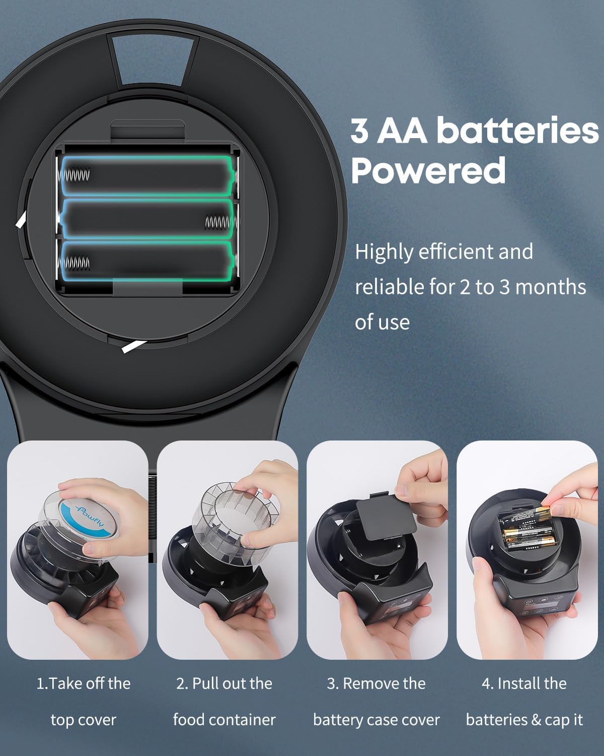 Step-by-step guide for installing 3 AA batteries into the fish feeder