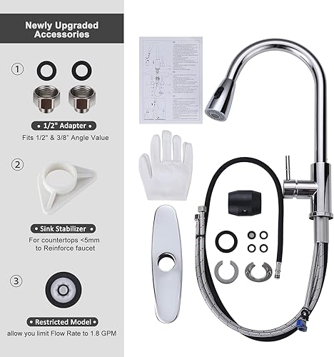 Miniatura 7 de WOWOW - Grifo de cocina cromado con rociador, grifo de fregadero de cocina extraíble de acero inoxidable con placa de cubierta, grifo de cocina para