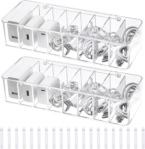 Paquete de 2 organizadores de cables con 20 bridas de alambre, caja de almacenamiento de cables con tapa, cargador electrónico, organizador de