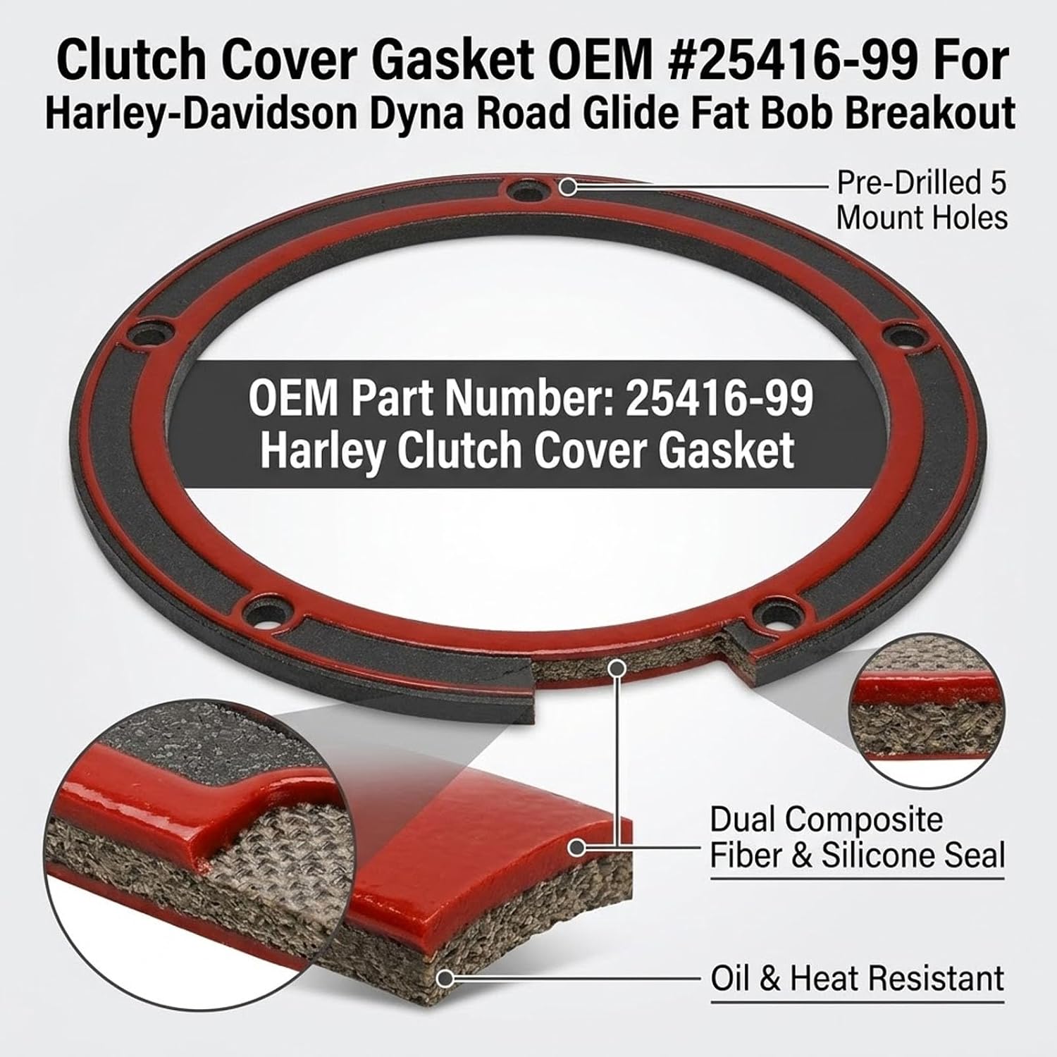 5 Hole Twin Cam Derby Cover Gasket, OEM 25416-99 Replacement Seal