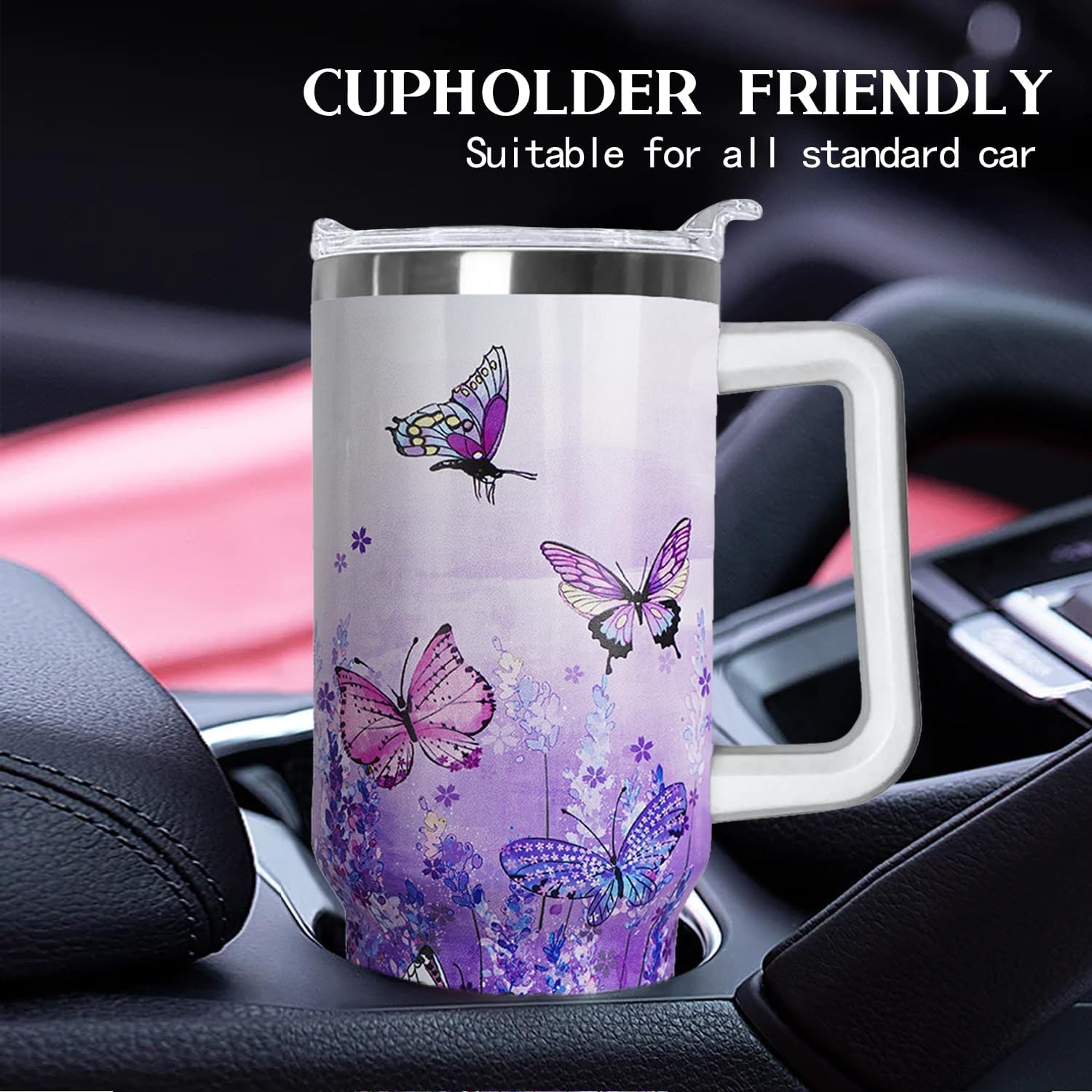 Ceovfoi 40 Oz Butterfly Tumbler With Handle, Purple Lavender Coffee Travel Mug Cup, Water Bottle, Butterfly Decor, Gifts for Women