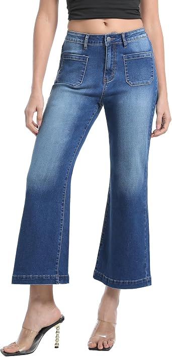 Myzellia Womens Wide Leg Petite Jeans High Waisted Stretchy Cropped Flare Jeans with Patch Pockets