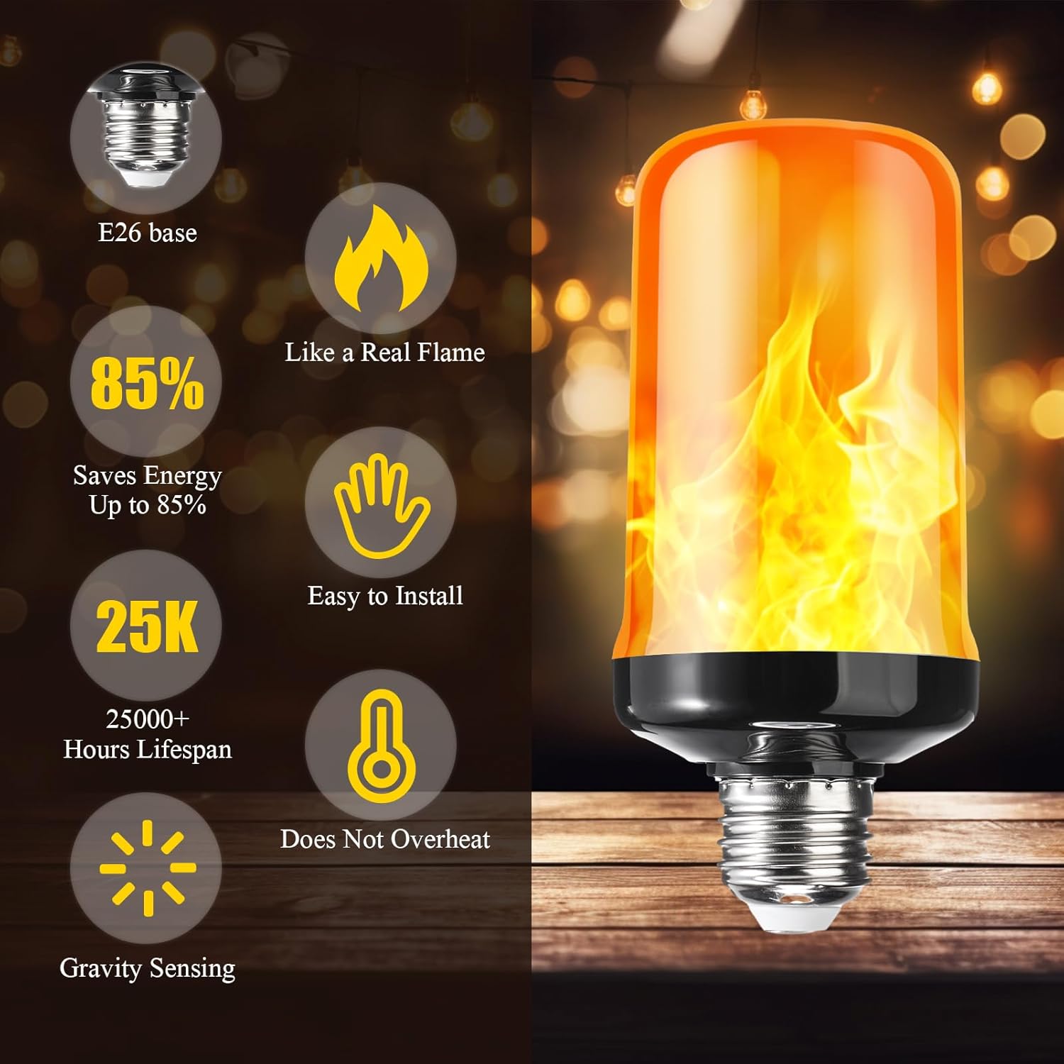 VIHOSE 12 Pcs Flickering Light Bulbs 4 Modes LED Flame Light Bulbs with Flickering E26 Base for Halloween Christmas Decorations Party Outdoor Indoor Home Decor(Yellow)