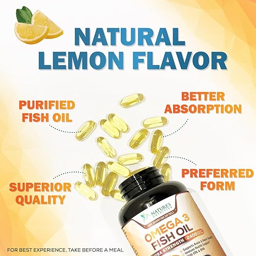 Miniatura 5 de Aceite de pescado Omega 3 2400 mg  Ácidos grasos EPA y DHA de triple fuerza para el corazón, cerebro y articulaciones  Suplemento de sabor a limón