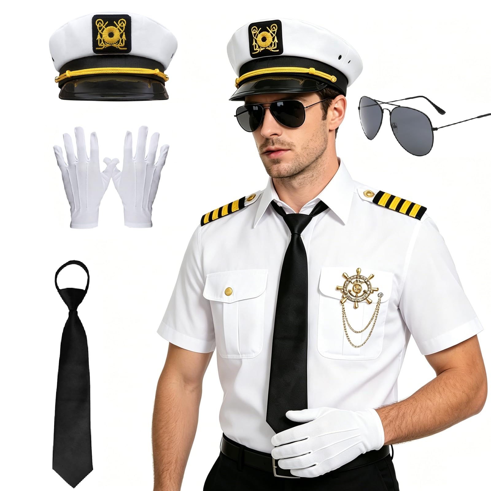 shengo 6PCS Captain Costume Sets Halloween Costumes Captain Shirt Captain Sailor Costume with Navy hat Pipe Sunglasses Tie Gold Anchor Pin Gloves Men Fancy Dress Costumes (XXL)