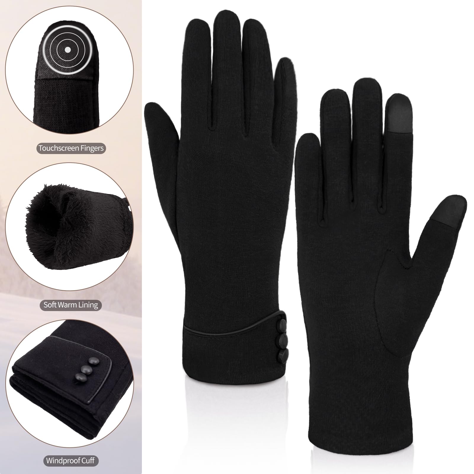 woogwin Guantes de invierno para mujer, con pantalla táctil, forro polar cálido, gruesos, térmicos, resistentes al viento, guantes de nieve para clima frío