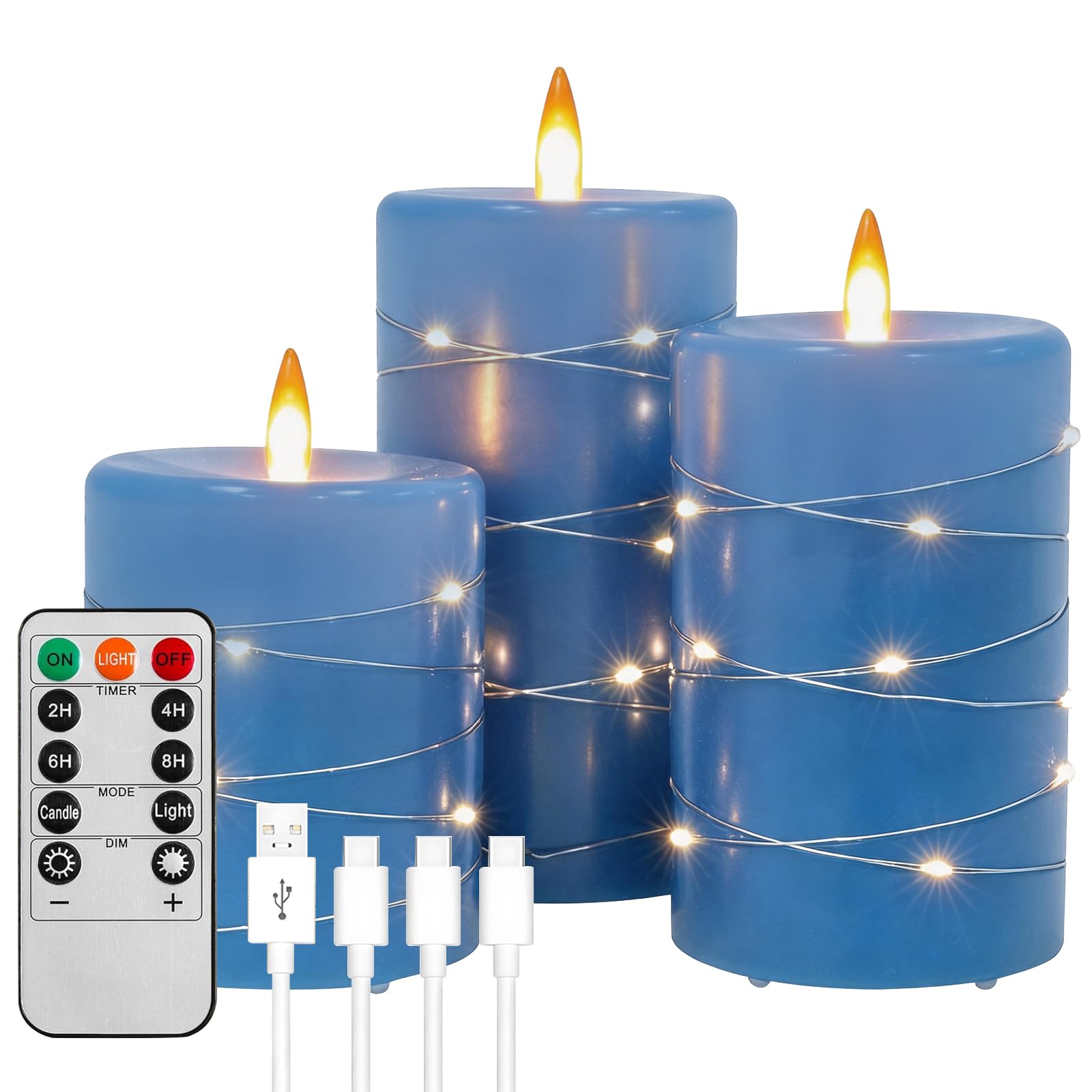Candele LED Ricaricabili, Set da 3 con Luci a Filo Integrate, Blu | Vera Cera, Senza Fiamma, Telecomando, Timer 2/4/6/8 Ore, Effetto Fiamma Danzante, Luce Tremolante, per Casa e Matrimonio