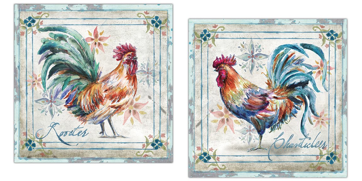 Beautiful Contemporary Watercolor-Style Rooster Set by Tre Sorelle Studios; Country Rustic Decor; Two 12x12in Unframed Poster Prints
